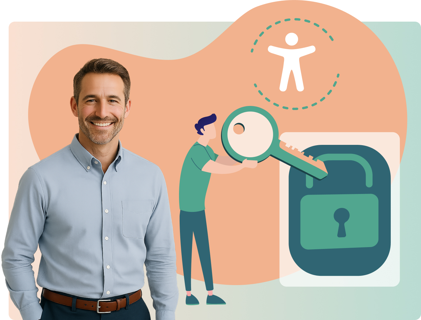 Grafische Darstellung eines Accessibility Reports. Ein Mann steht lächelnd davor