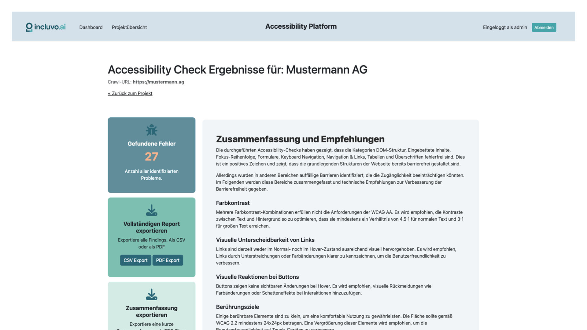Accessibility Check Ergebnisseite mit KI-generierter Zusammenfassung und der Auflistung von ersten Handlungsempfehlungen