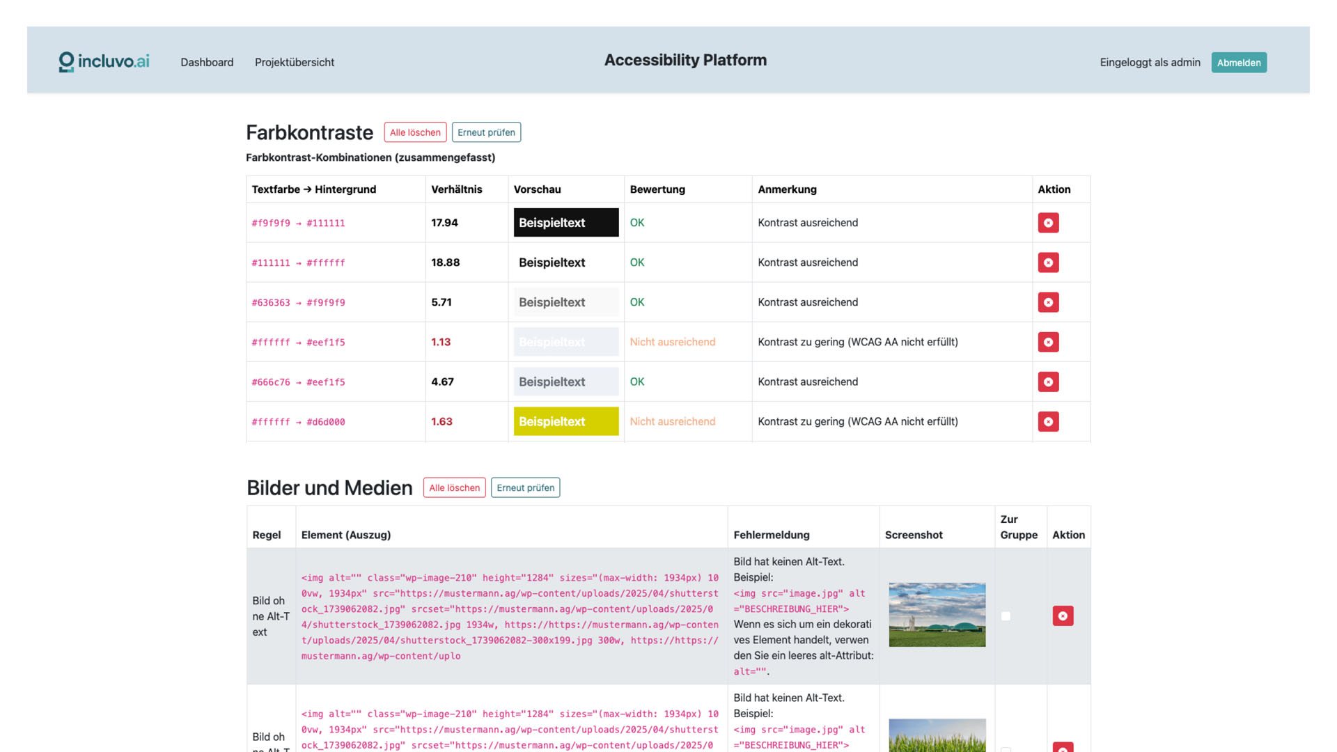 Detailansicht Prüfungsergebnisse Farbkontraste und Bilder und Medien.