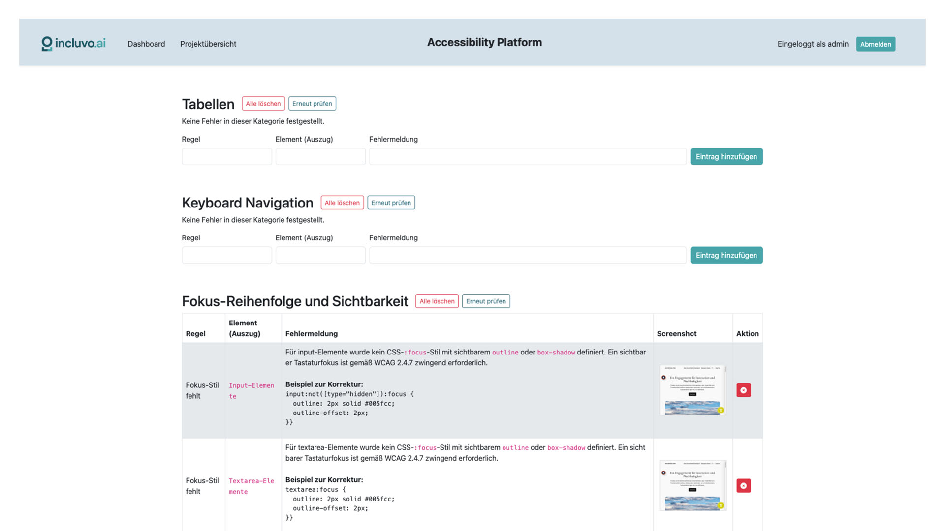Detailansicht Prüfungsergebnisse. Darstellung von nützlichen Hinweisen zur Implementierung von Verbesserungsvorschlägen.