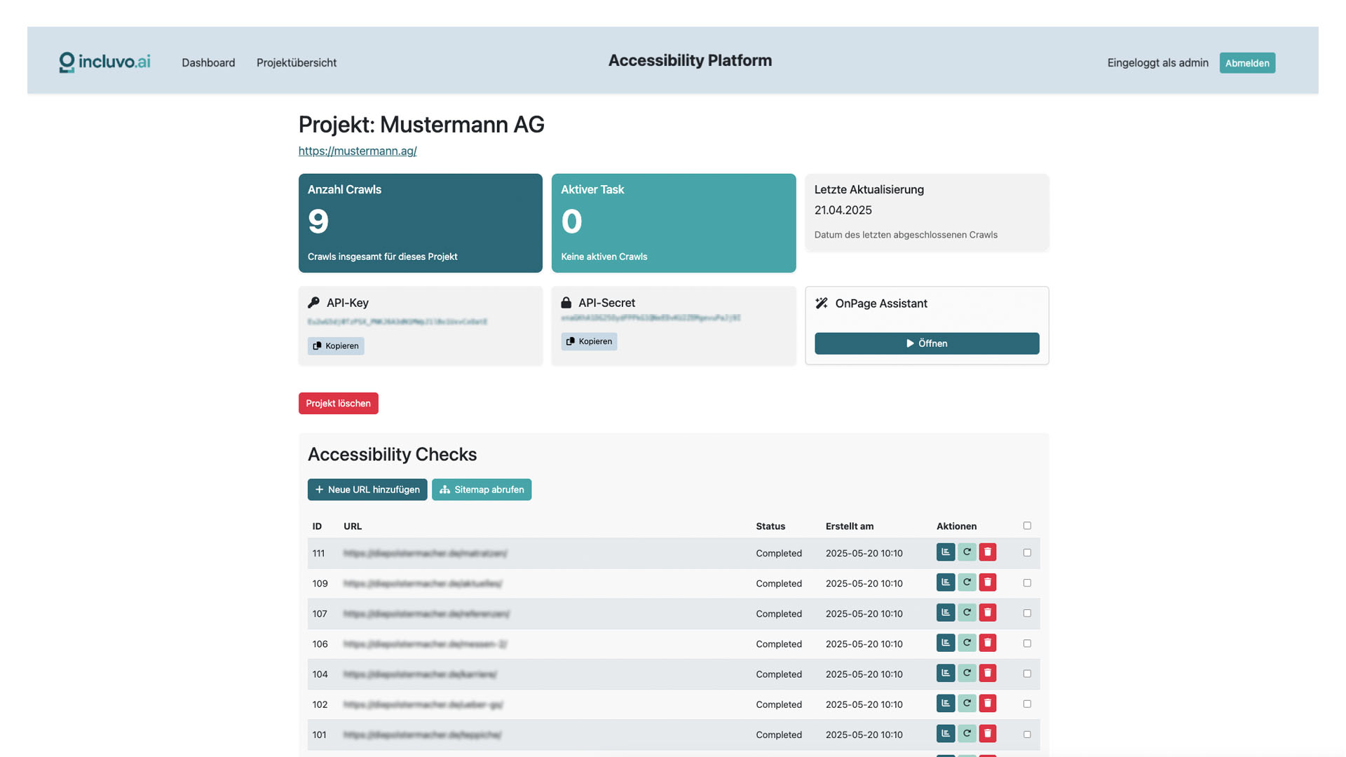 Die Projektansicht mit Ansicht aller Funktionen und angelegten Prüfungen.